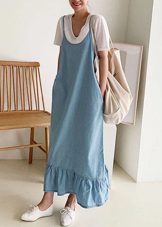Single-shoulder Neck Design Boutique Blue Ruffled Patchwork Denim Spaghetti Strap Dress Summer