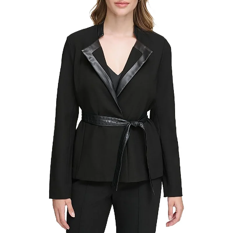 Urban Style Calvin Klein Womens Knit Faux Leather Trim Open-Front Blazer