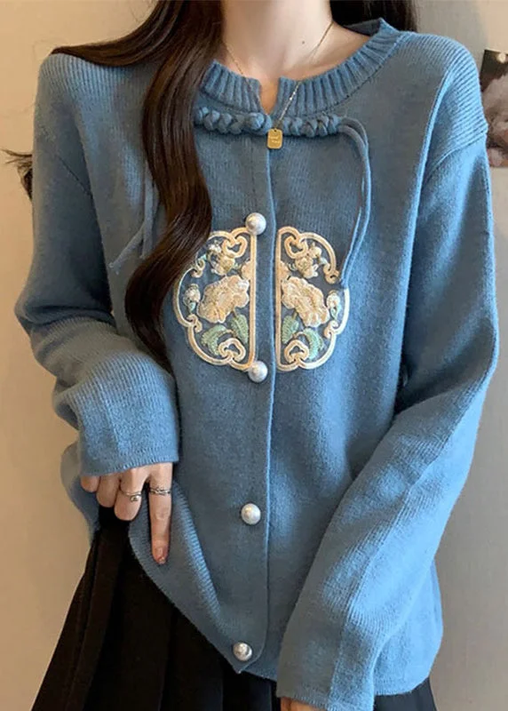 Comfortable down New Chinese Style Blue O-Neck Tassel Knit Coats Fall