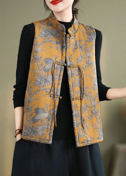 High-end Design New Yellow Print Chinese Button Cotton Filled Waistcoat Winter