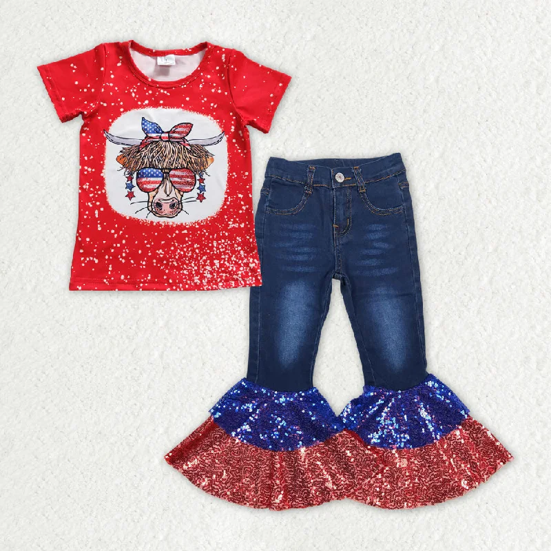 Carefree GSPO1621 4th of July Cow Sequins Jean Pants Denim Pants Set
