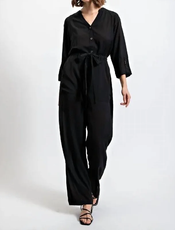 Lazy Style Roll Sleeve Waist Tie Jumpsuit In Black