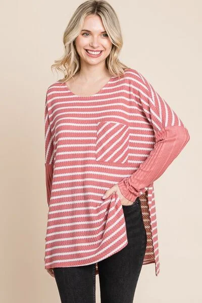 Slim Fit Oversize Striped Round Neck Long Sleeve Slit T-Shirt