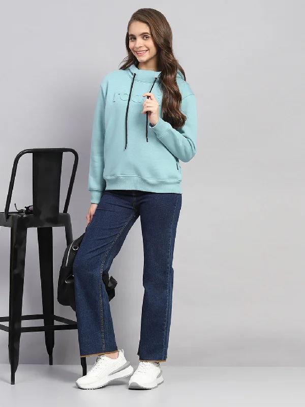 High-waisted pants style Women Blue Solid Hooded Full Sleeve Sweatshirt