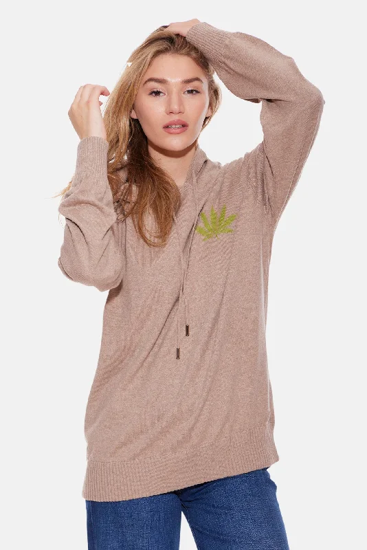 Exquisite Fabrics Leaf Intarsia Hood Pullover Walnut