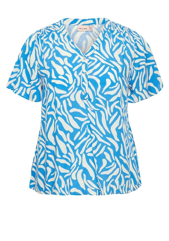 Elegant And Lazy Simple Wish Curve Relax Printed Button Down Top, Blue