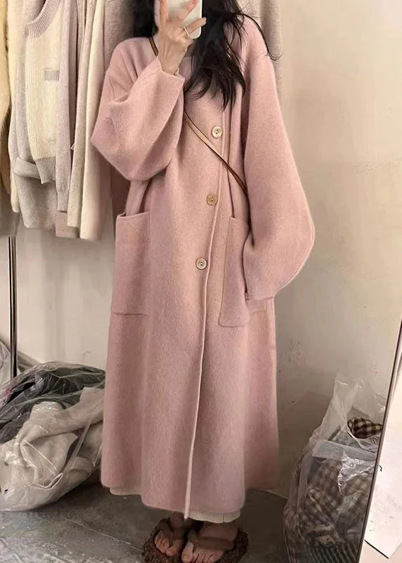 Casual And Versatile Women Pink Turtleneck Button Pockets Cotton Knit Long Coats Long Sleeve