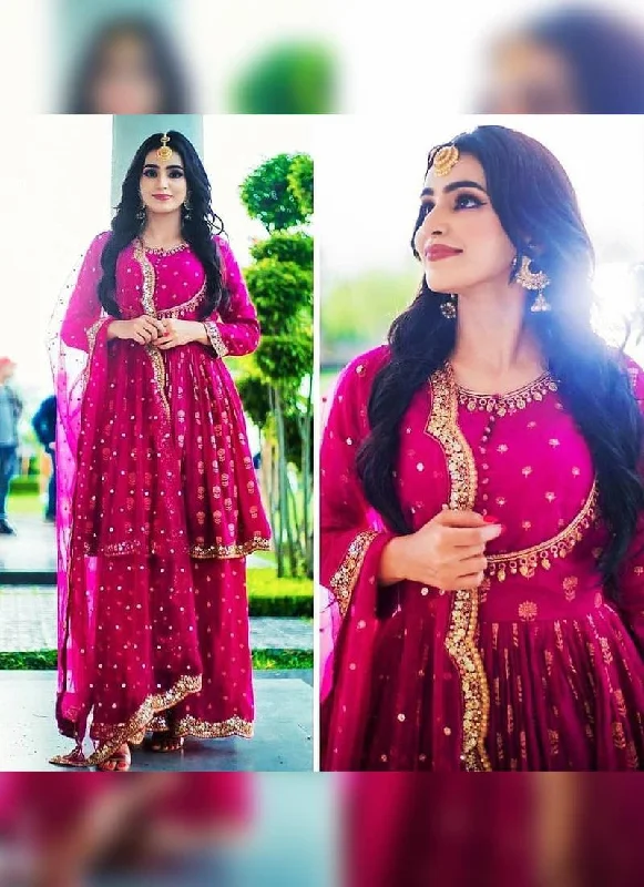 Street Fashion Fascinating Rani Pink Crepe Silk Base Salwar Kameez Palazzo Suit