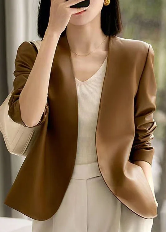 Sweet breath Women Brown V Neck Patchwork Sheepskin Coats Fall