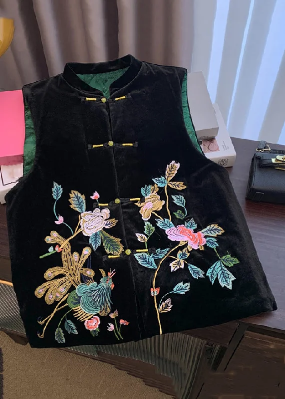 Casual Street Chinese Style Black Embroidered Button Silk Velour Waistcoat Sleeveless Casual Street Chinese Style Black Embroidered Button Silk Velour Waistcoat Sleeveless