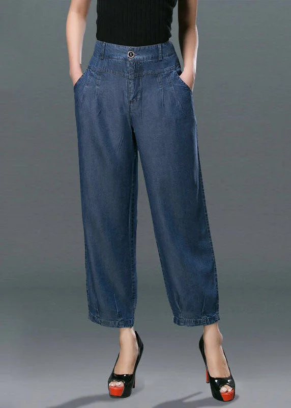 French Style Style Denim Blue High Waist Pockets Cotton Crop Pants Summer