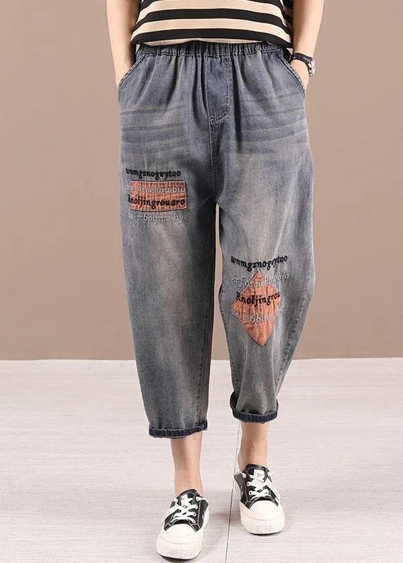 Free And Casual Loose Blue Grey Patchwork Embroideried Pants denim