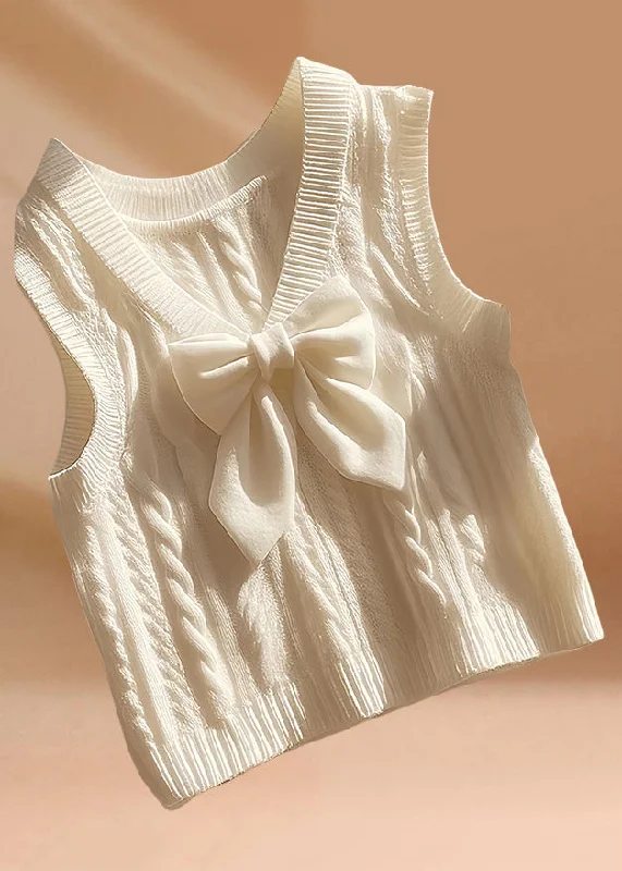 Fresh And Natural Art Beige V Neck Bow Cozy Knit Waistcoat Sleeveless