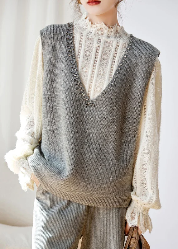 Leisure Travel Women Grey V Neck Zircon Patchwork Knit Waistcoat Sleeveless