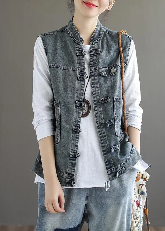 Thin Design Natural Blue Stand Collar Pockets Patchwork Denim Waistcoat Sleeveless