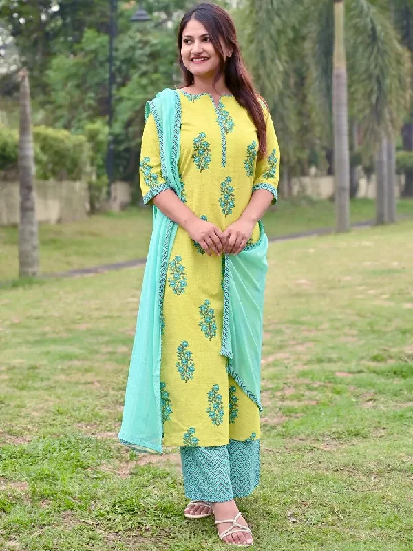 British Fashion Green Printed Cotton Straight Kurta With Palazzos & Dupatta