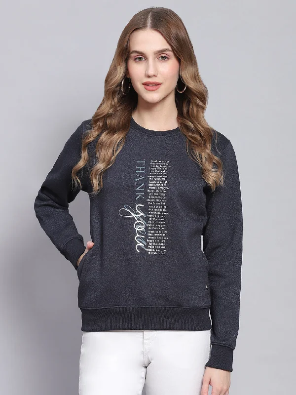 Bottom And Versatile Women Navy Blue Printed Round Neck Full Sleeve Sweatshirts