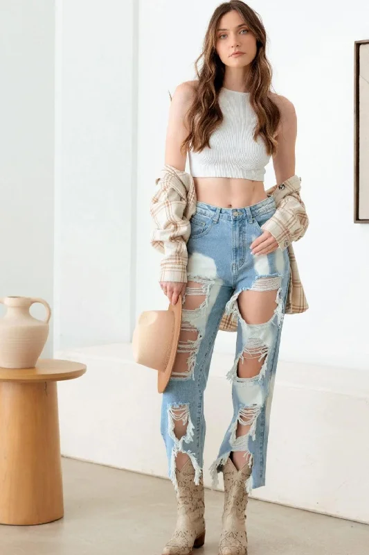College Style Frayed Cut Distressed Jeans