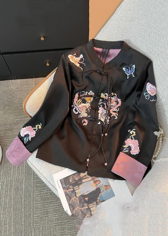 Lazy Style Loose Black Embroidered Chinese Button Silk Coat Fall