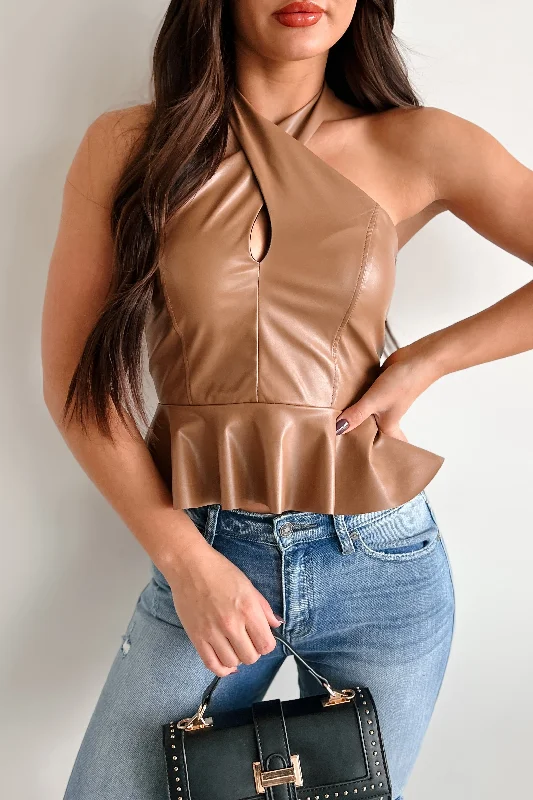 Double-sided Wear Dangerous Temptation Faux Leather Halter Top (Brown)