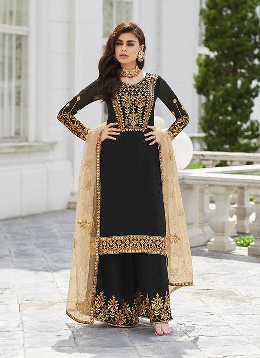 Customized Version Black Zari Stone And Georgette Party Wear Pakistani Palazzo Suit