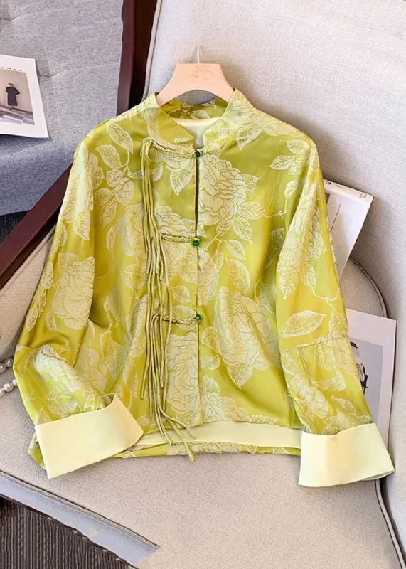 Comfortable Design Vintage Yellow Tasseled Button Print Silk Coat Fall
