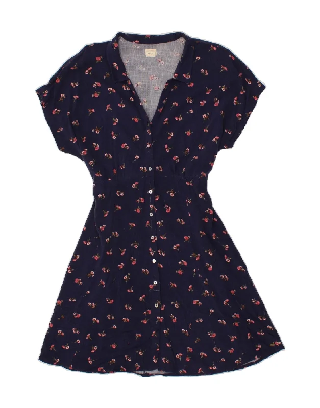 Slightly Flared Design O'NEILL Womens Shirt Dress UK 12 Medium Navy Blue Floral Viscose