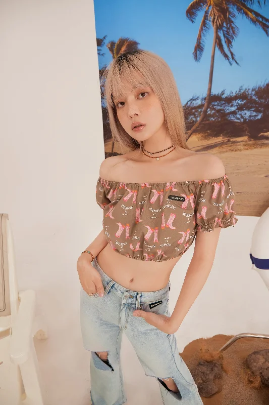 Innovative Design Boot Print Off-Shoulder Blouse