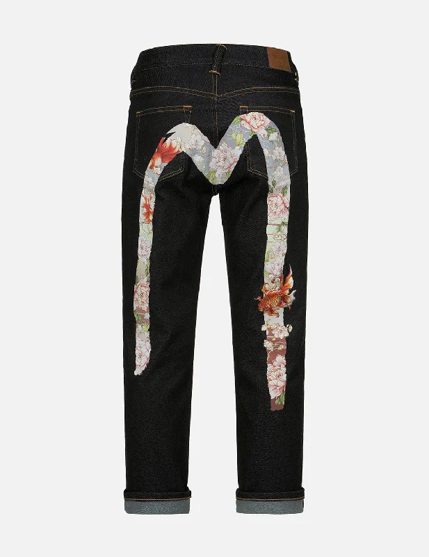 Noble And Elegant Embroidery Goldfish and Floral Flow Brushstroke Daicock Print Boyfriend Jeans