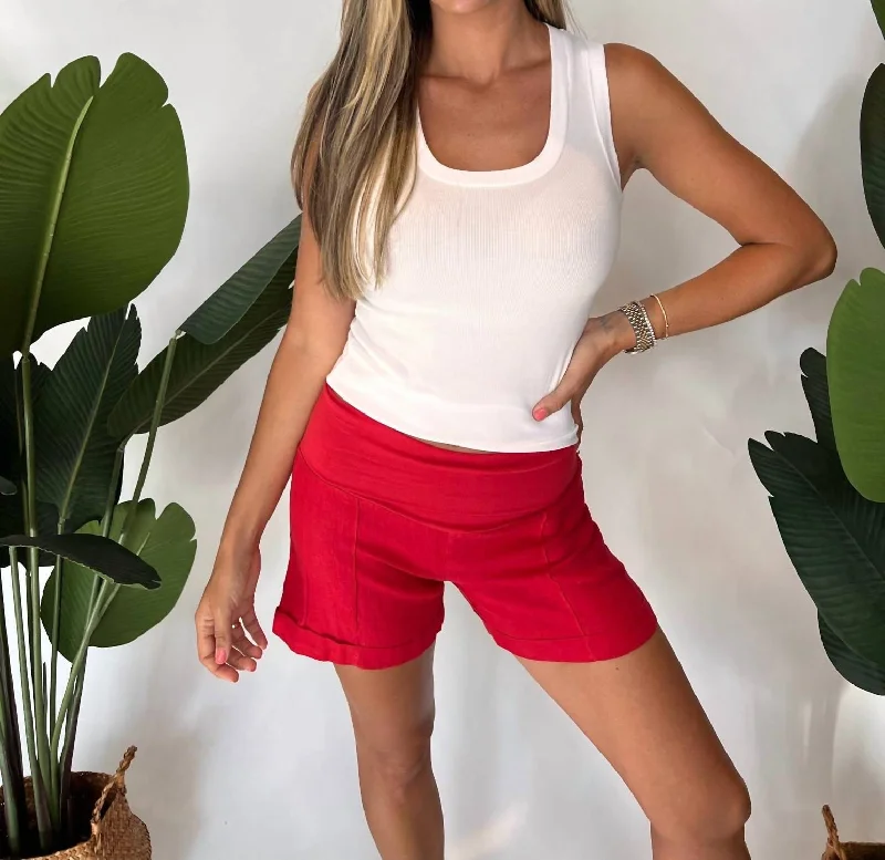 High-waisted pants style Foldover Linen Short In Tomato