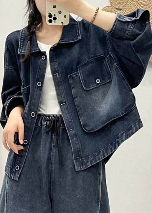 Unique prints Modern Blue Button Pockets Patchwork Denim Coat Fall