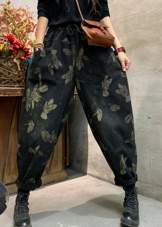 Unique prints Classy Black Cinched Print denim harem Pants Winter