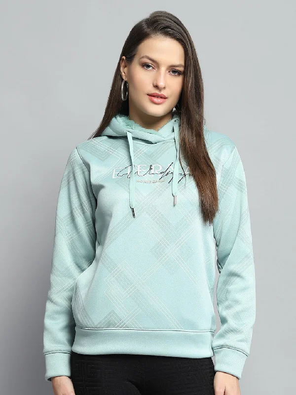 French Style Women Green Printed Hooded Full Sleeve Sweatshirt