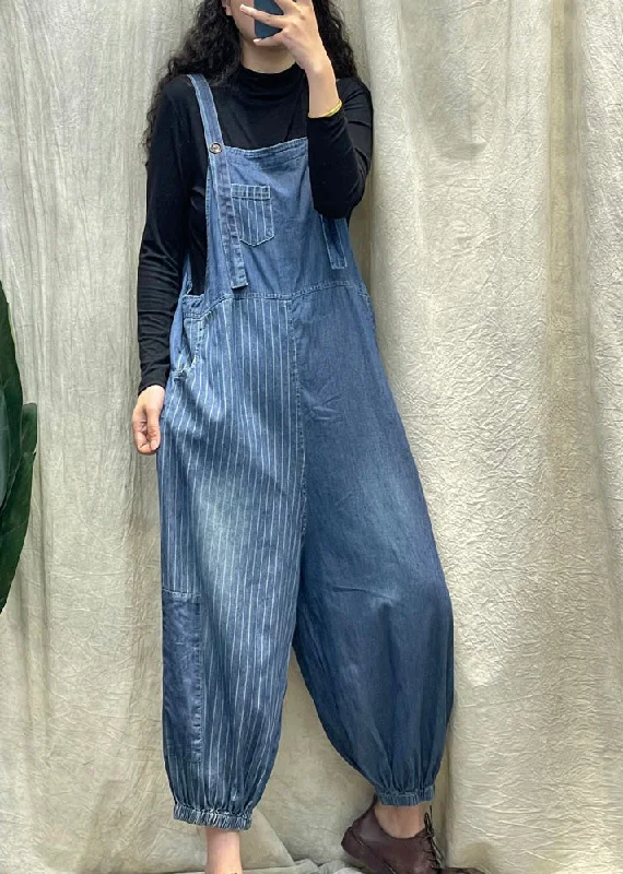 Fashion Elements Vogue Denim Blue Striped Patchwork Button Beam Jumpsuit Spring