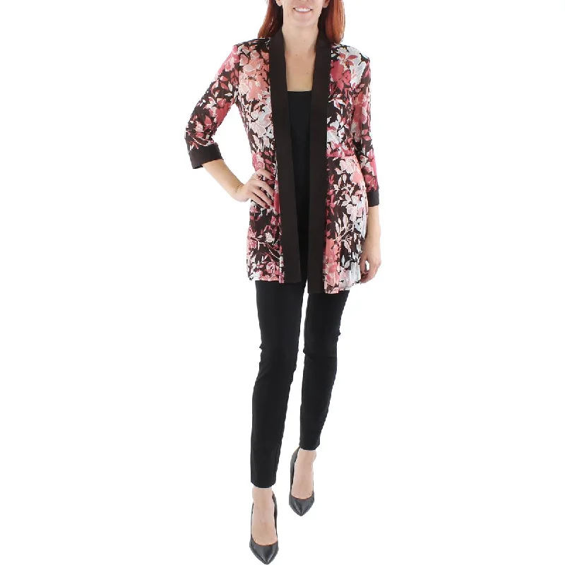 Loose Fit R&M Richards Womens Floral Print Midi Open-Front Blazer