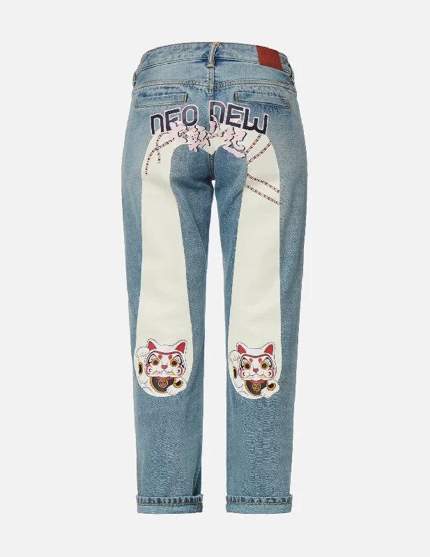 Knitted Design Fortune Cat Daicock Print Boyfriend Jeans