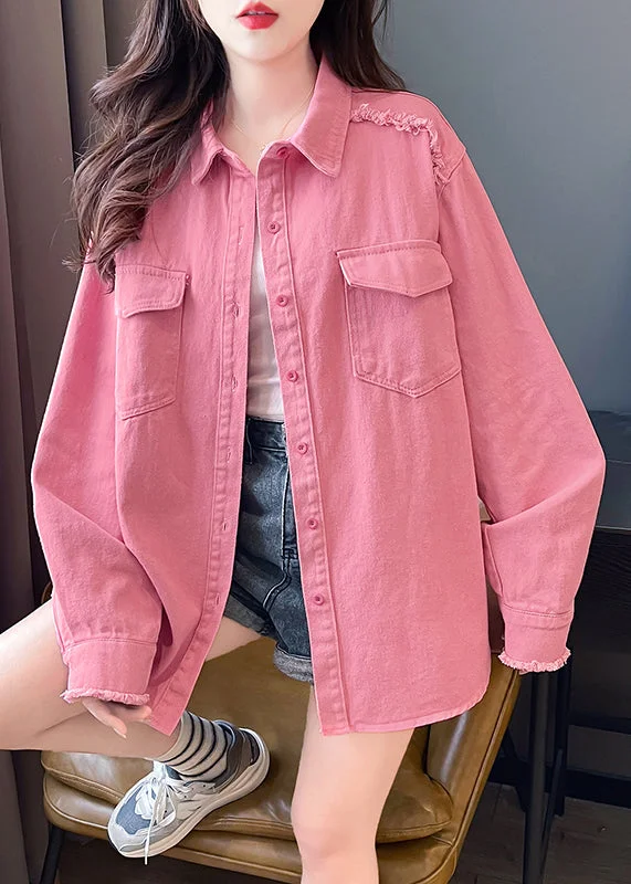 Elegant And Elegant Casual Pink Peter Pan Collar Pockets Denim Shirts Coat Fall