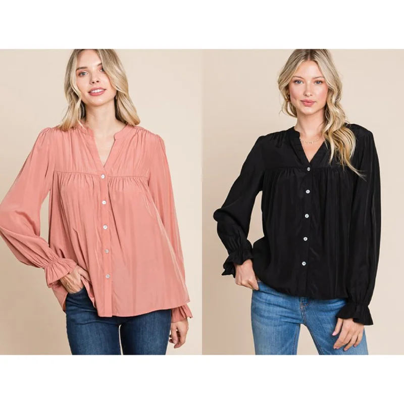 Celebrity Style Vanilla Bay Women's Solid Shirring Ruffle Sleeve Shirt