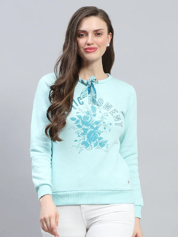 Bright Colors Women Blue Printed Round Neck Full Sleeve Sweatshirt