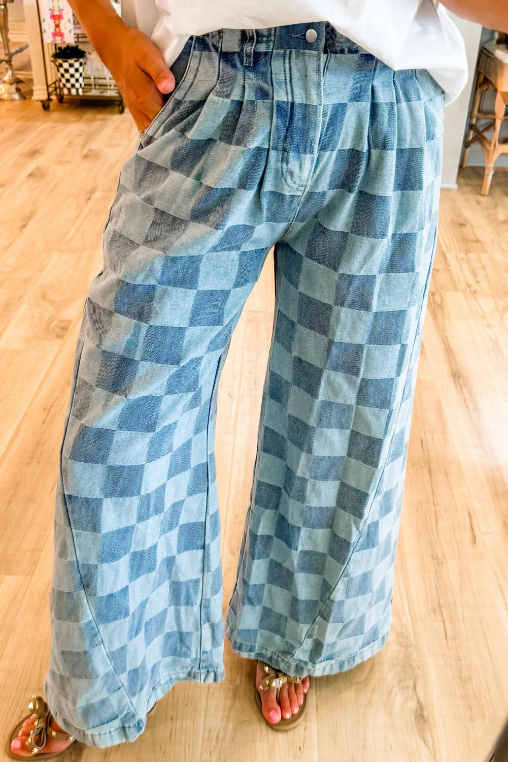 Floral Prints Checkered Wide Leg Jeans with Pockets