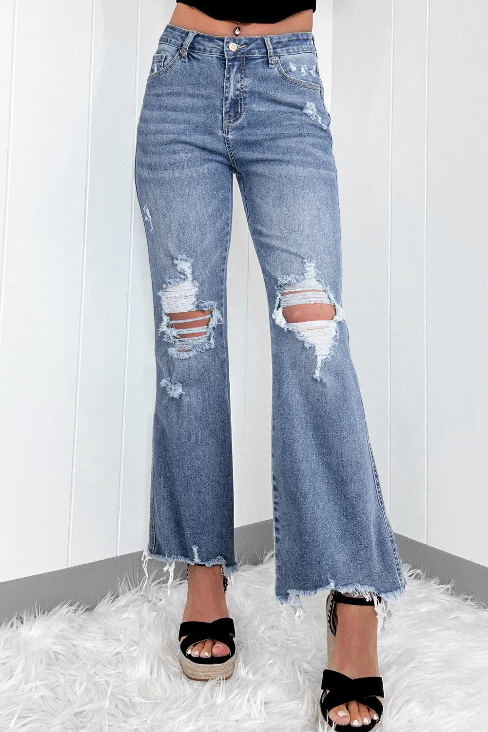End Of The Year Distressed Raw Hem Bootcut Jeans