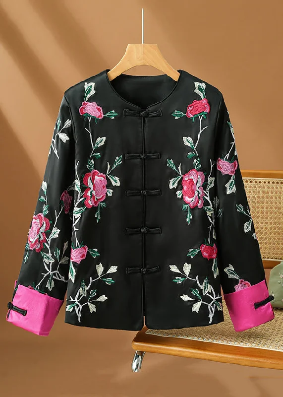 High-quality Fabrics Original Design Black Embroidered Button Silk Coats Fall