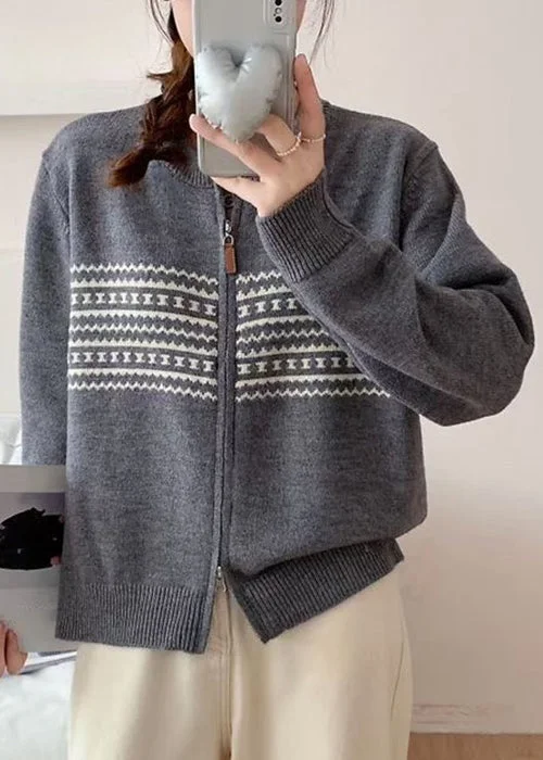 Dessert Matching Jacquard Grey Zip Up Cozy Knit Coat Fall