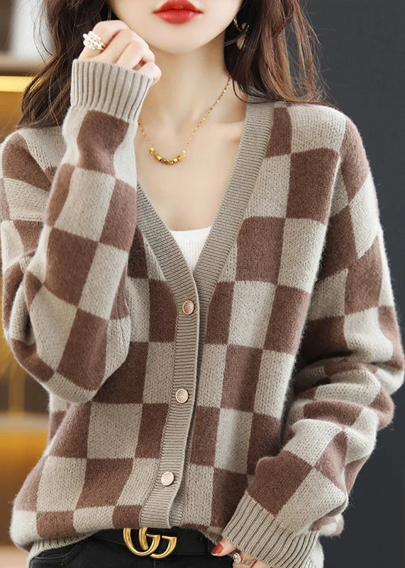 Noble Temperament Stylish Coffee V Neck Plaid Woolen Loose Coat Fall