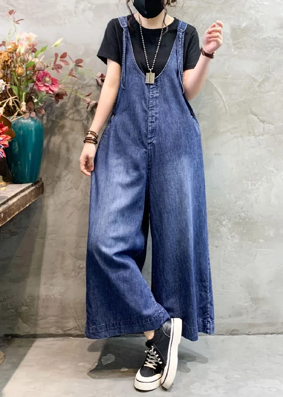 Free And Casual Art Blue V Neck Patchwork High Waist Denim Wide Leg Jumpsuits Spring