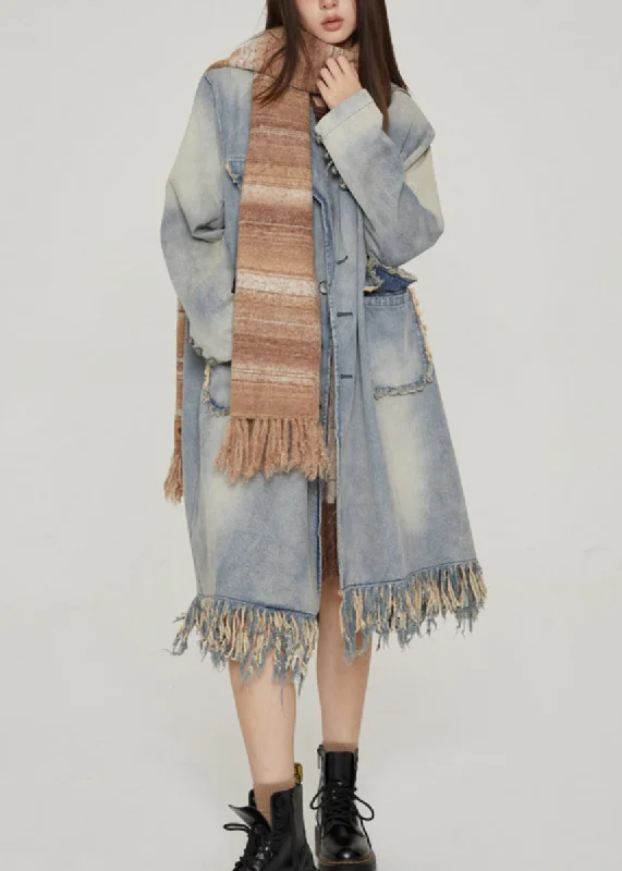 Cute Style Vintage Blue Tasseled Pockets Patchwork Denim Long Coats Fall