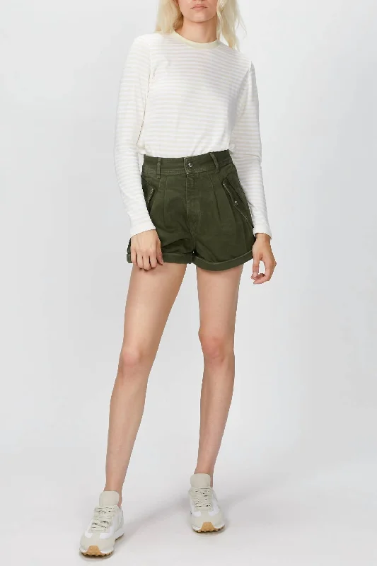 Simple Style Stretch Linen Khaki Shorts In Army Green