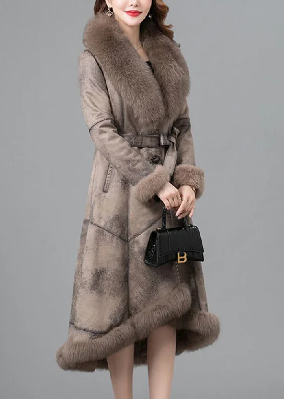 European And American Style Beautiful Khaki Fox Collar Tie Waist Fuzzy Rabbit Leather And Fur Coats Winter