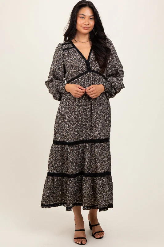 Floral Prints Black Floral Lace Trim Bubble Sleeve Maxi Dress
