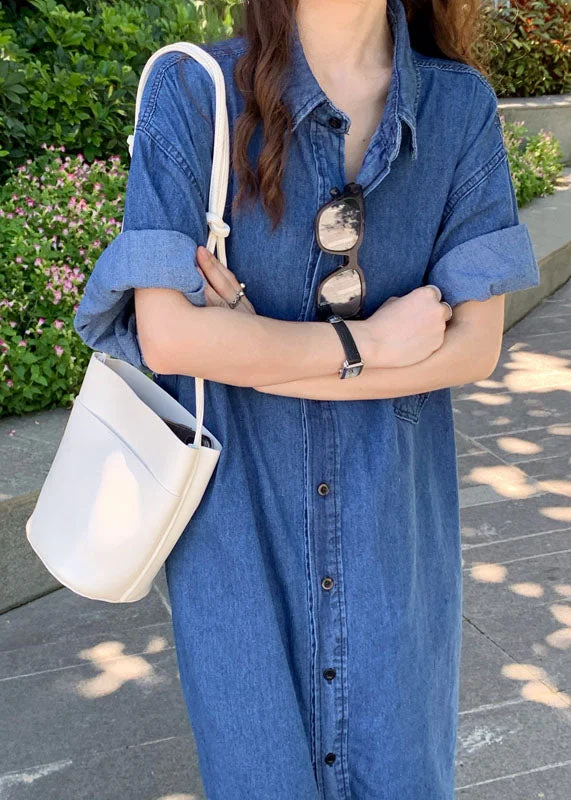 Multi-functional style Women Blue Peter Pan Collar Patchwork Denim Shirts Dresses Summer